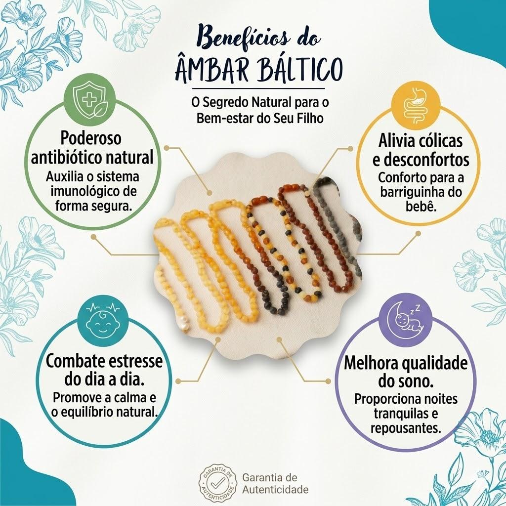 Colar de Âmbar de 0 a 3 anos Proteção e Saúde Criança - Original Com Certificado 33cm