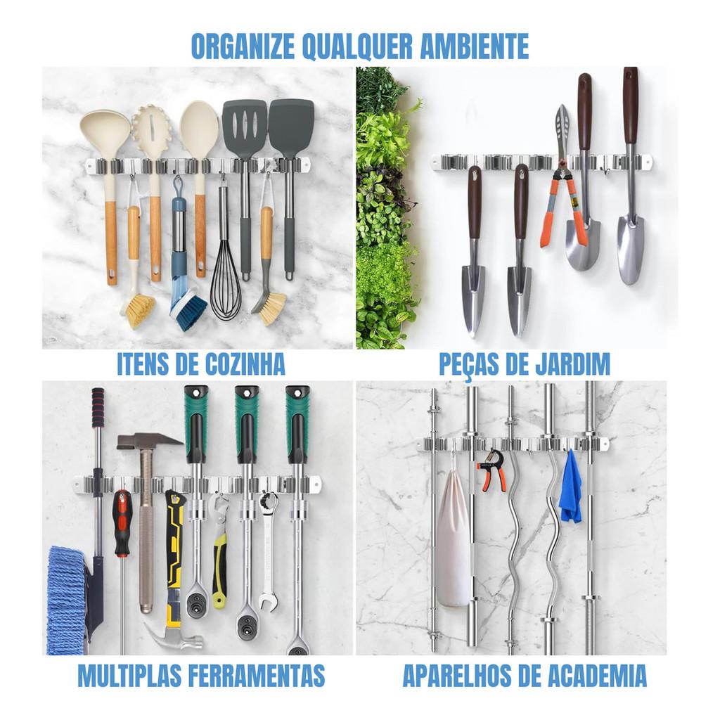 Suporte Vassoura Utensilios Ferramentas Inox 9 Acessórios Grande Porta Vassoureiro Prateado