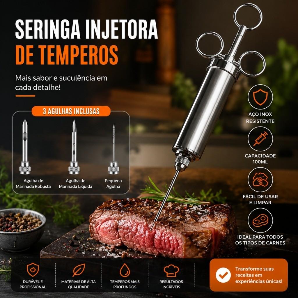Seringa Injetora de Tempero Molho Kit Completo 3 Agulhas Aço Inox Para Carnes Aves Peixes Profissional