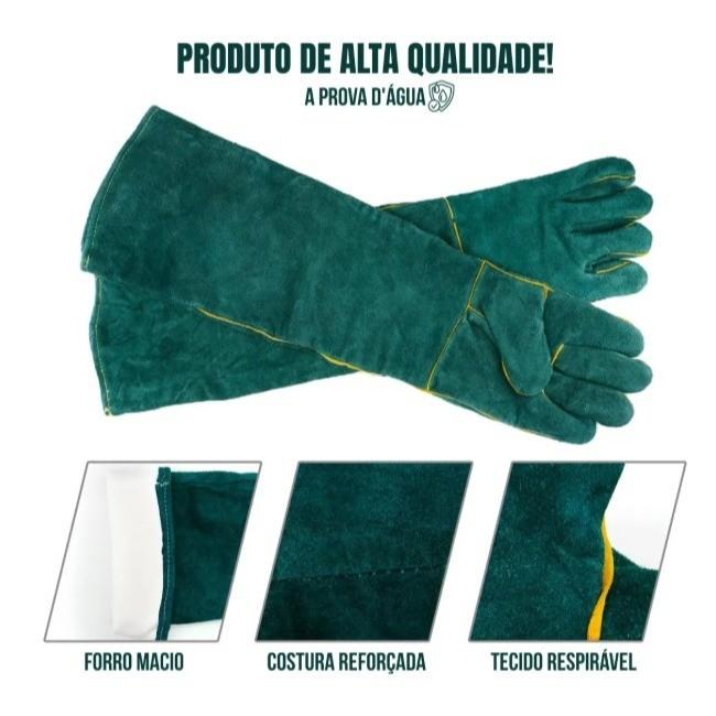 Par Luvas Antimordida Manga Longa Petshop Couro + PU Proteção Cotovelo Cachorro Gato Aves Verde