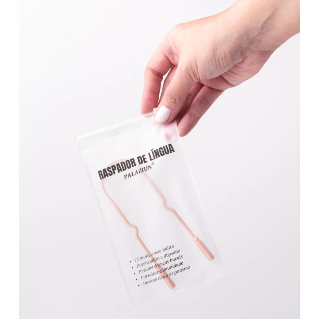 Raspador Limpador de Língua De 100% Cobre Ayurveda Com Bolsinha Plastica Higiênica com Zip