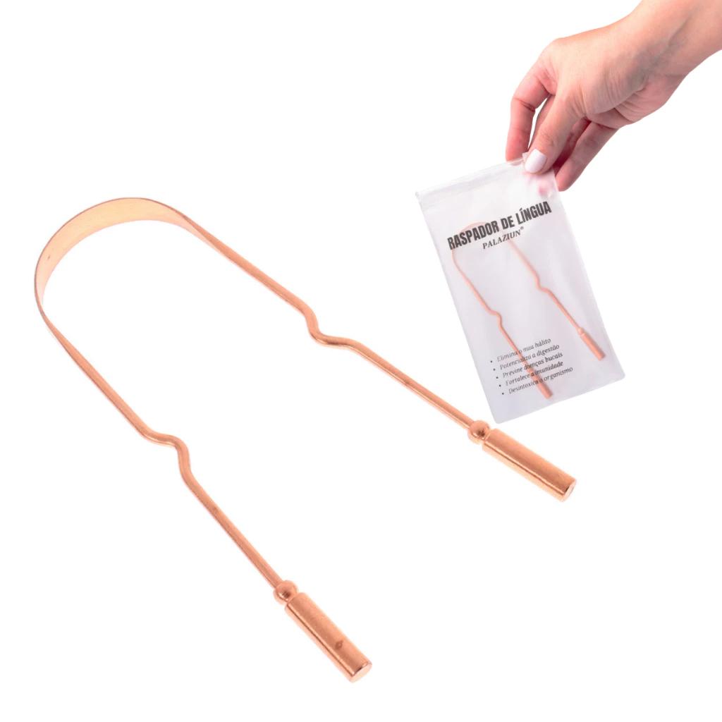Raspador Limpador de Língua De 100% Cobre Ayurveda Com Bolsinha Plastica Higiênica com Zip