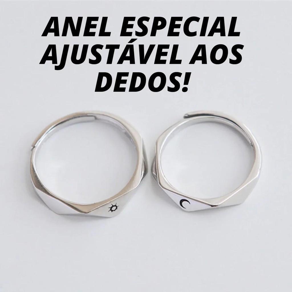 Anel do Amor Para Casal De Namorados Sol E Lua Par Com Caixinha - Ajustável Prateado - Entrega Imediata