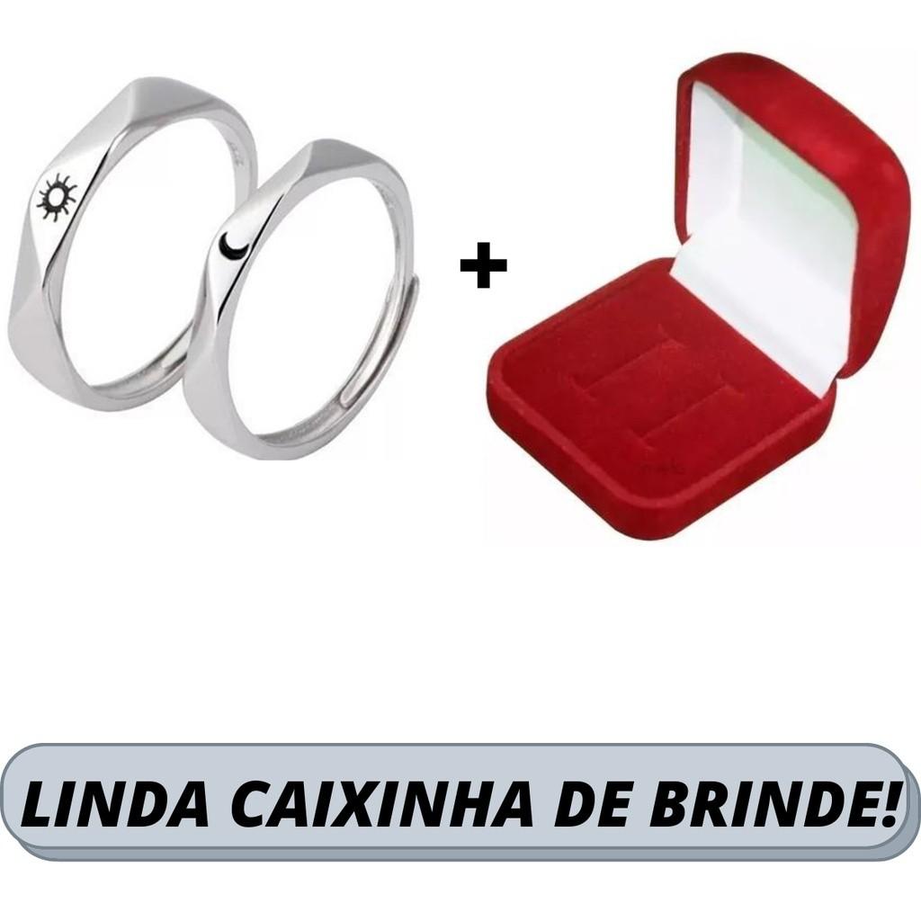 Anel do Amor Para Casal De Namorados Sol E Lua Par Com Caixinha - Ajustável Prateado - Entrega Imediata