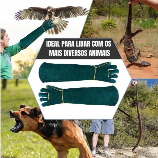 Par Luvas Antimordida Manga Longa Petshop Couro + PU Proteção Cotovelo Cachorro Gato Aves Verde