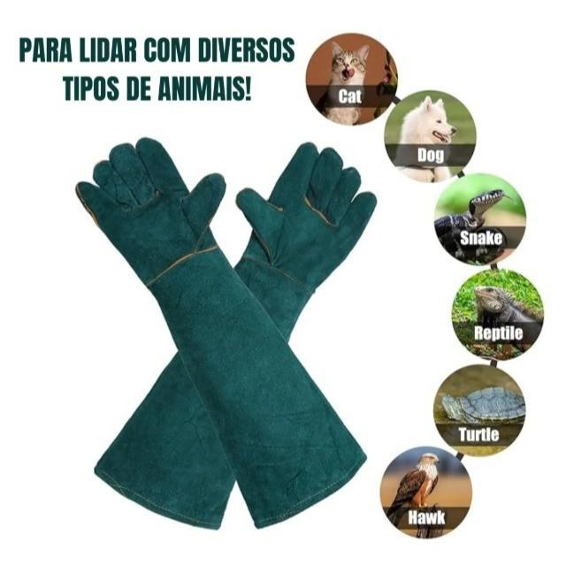 Par Luvas Antimordida Manga Longa Petshop Couro + PU Proteção Cotovelo Cachorro Gato Aves Verde