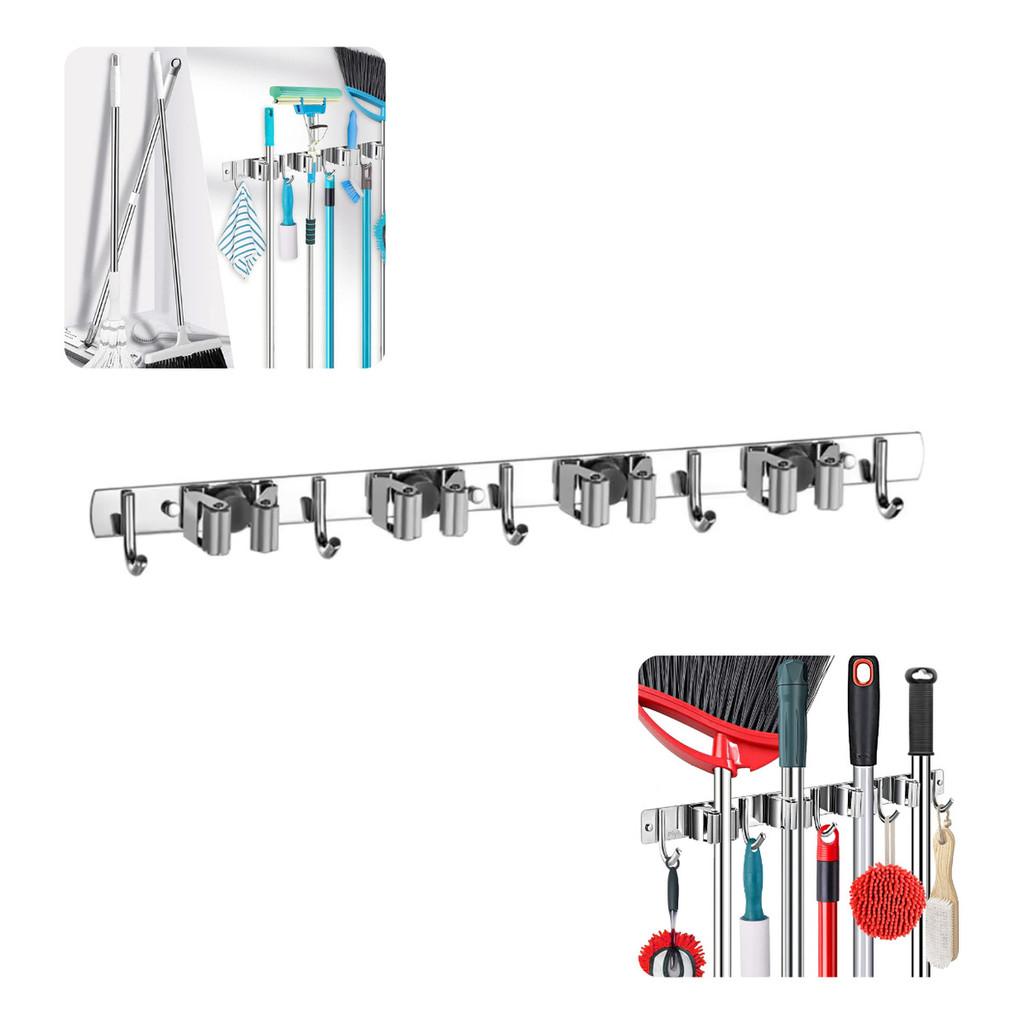 Suporte Vassoura Utensilios Ferramentas Inox 9 Acessórios Grande Porta Vassoureiro Prateado