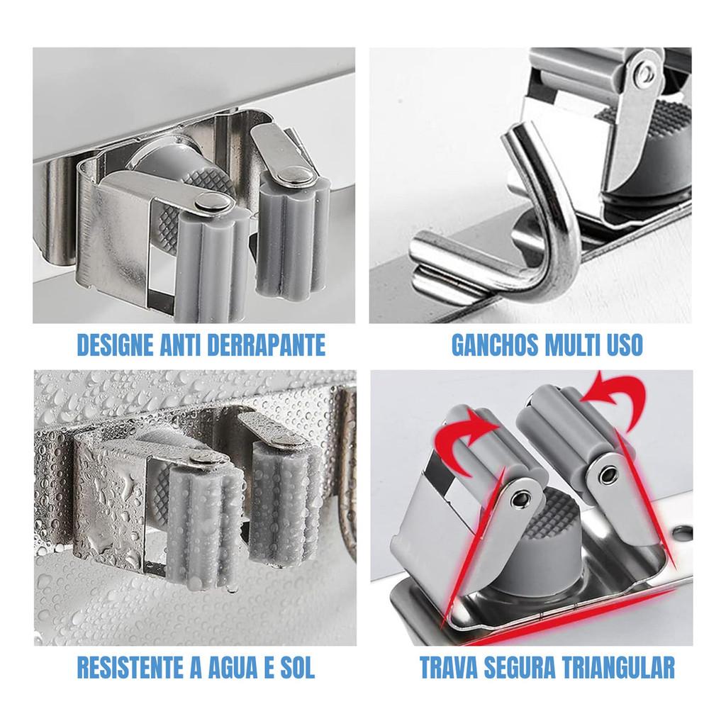 Suporte Vassoura Utensilios Ferramentas Inox 9 Acessórios Grande Porta Vassoureiro Prateado
