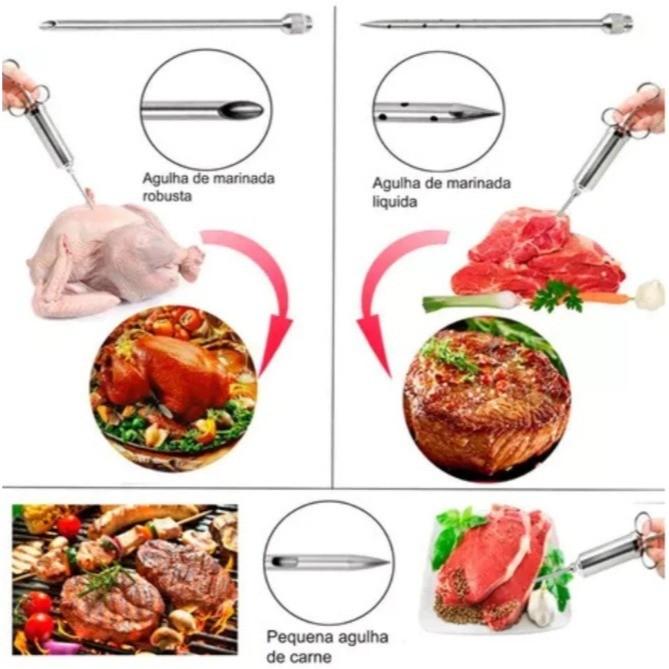 Seringa Injetora de Tempero Molho Kit Completo 3 Agulhas Aço Inox Para Carnes Aves Peixes Profissional