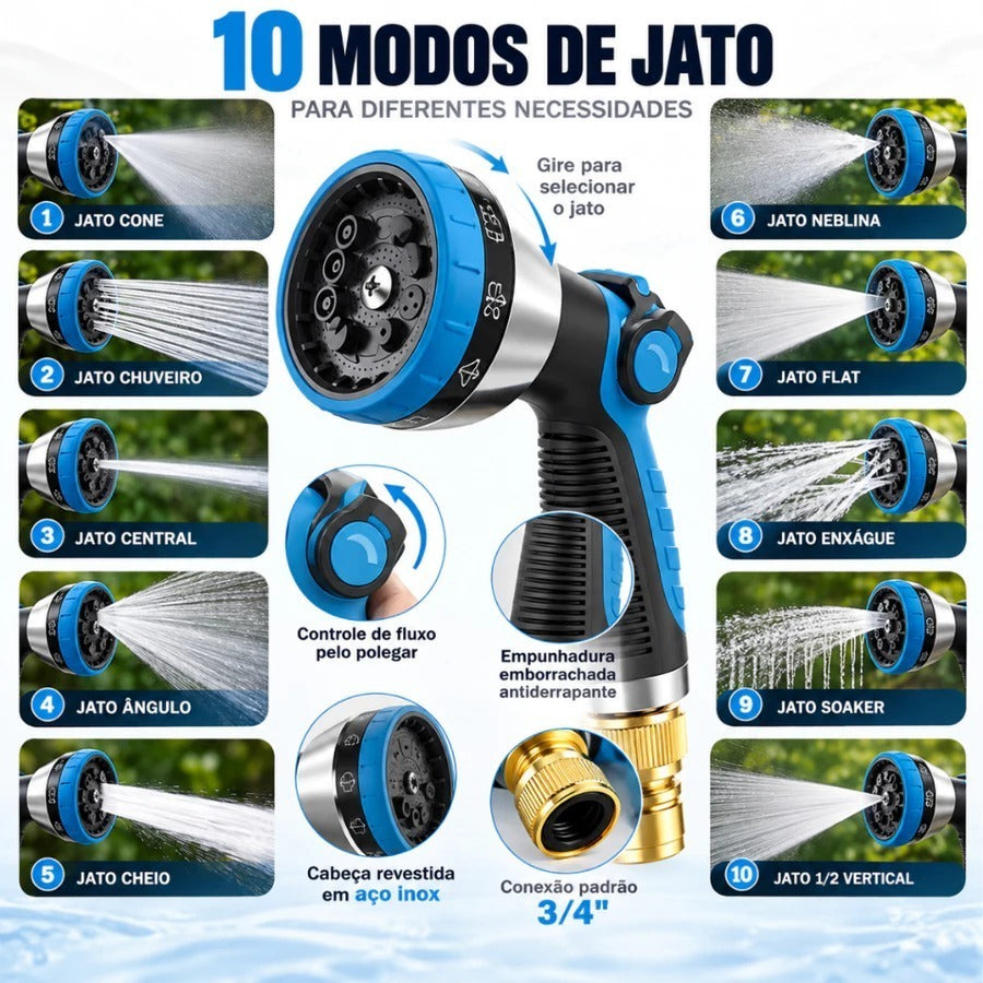 Mangueira 30 Metros Retrátil Flexível Expansível Reforçada Borracha Reforçada Antitorção Kit Completo Com Bico e Engate