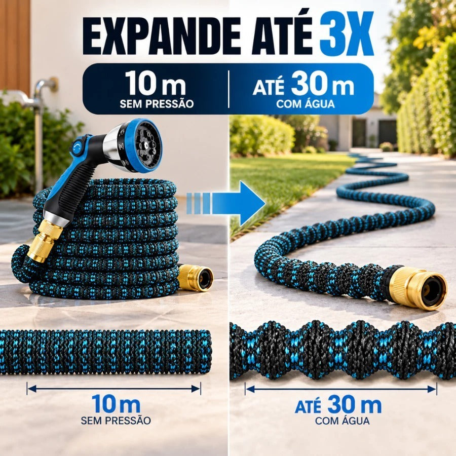 Mangueira 30 Metros Retrátil Flexível Expansível Reforçada Borracha Reforçada Antitorção Kit Completo Com Bico e Engate