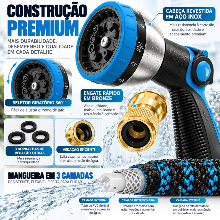 Mangueira 30 Metros Retrátil Flexível Expansível Reforçada Borracha Reforçada Antitorção Kit Completo Com Bico e Engate