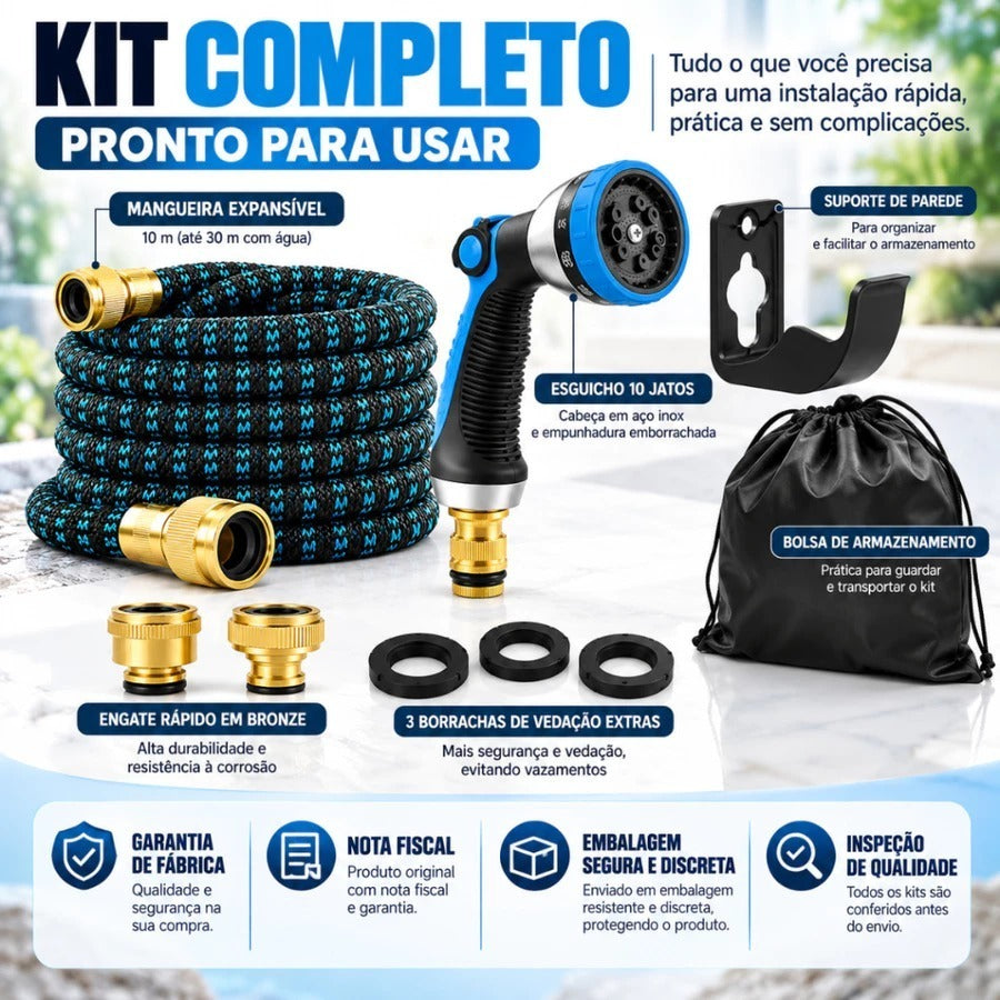Mangueira de Jardim 30 Metros Expansível Borracha Polyester Reforçada Kit Completo com Bico Esguicho Bolsa Suporte