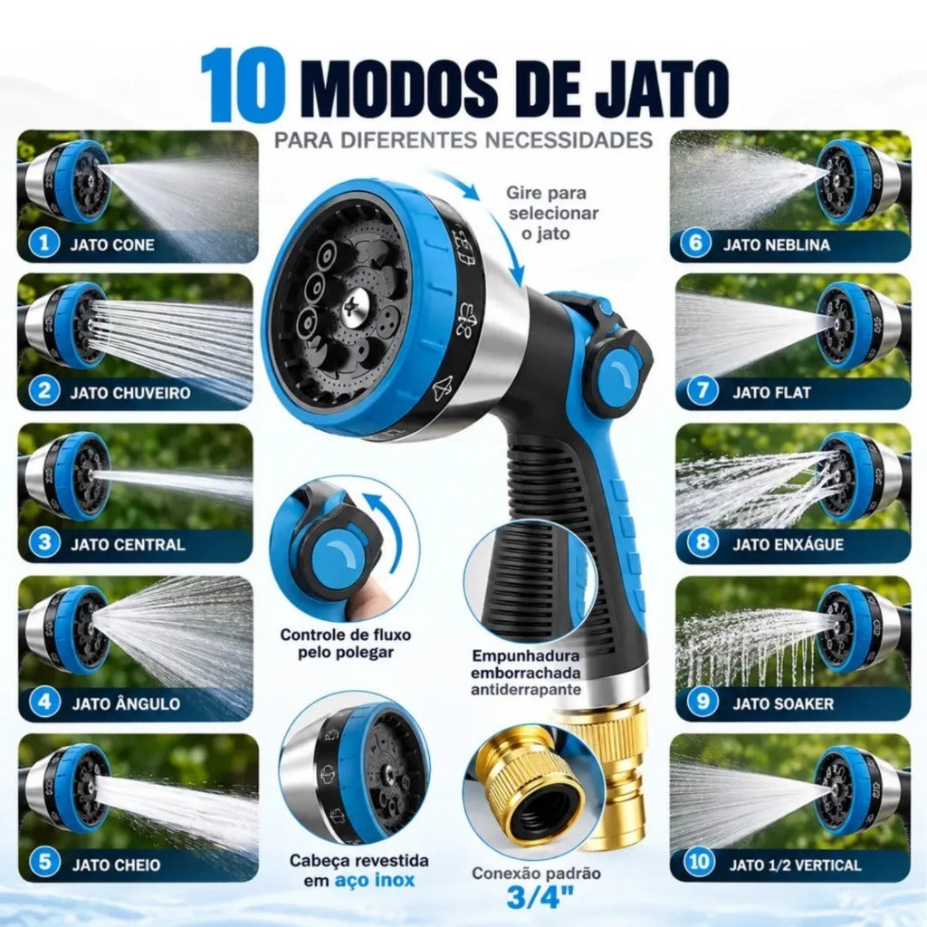Mangueira de Jardim 30 Metros Expansível Borracha Polyester Reforçada Kit Completo com Bico Esguicho Bolsa Suporte