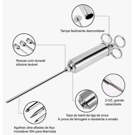Seringa Injetora de Tempero Molho Kit Completo 3 Agulhas Aço Inox Para Carnes Aves Peixes Profissional
