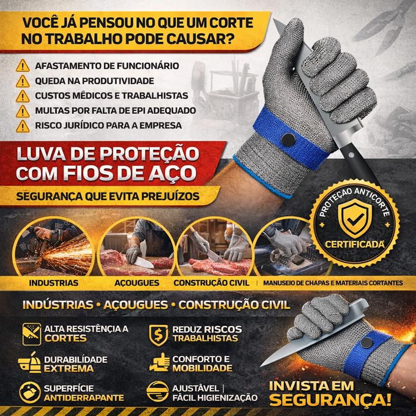 Luva De Açougueiro Fios De Aço Anti Corte Alta Proteção Segurança do Trabalho Acidente - Entrega Imediata