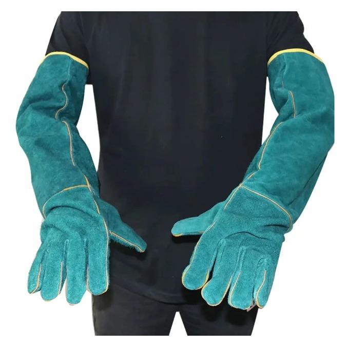 Par Luvas Antimordida Manga Longa Petshop Couro + PU Proteção Cotovelo Cachorro Gato Aves Verde