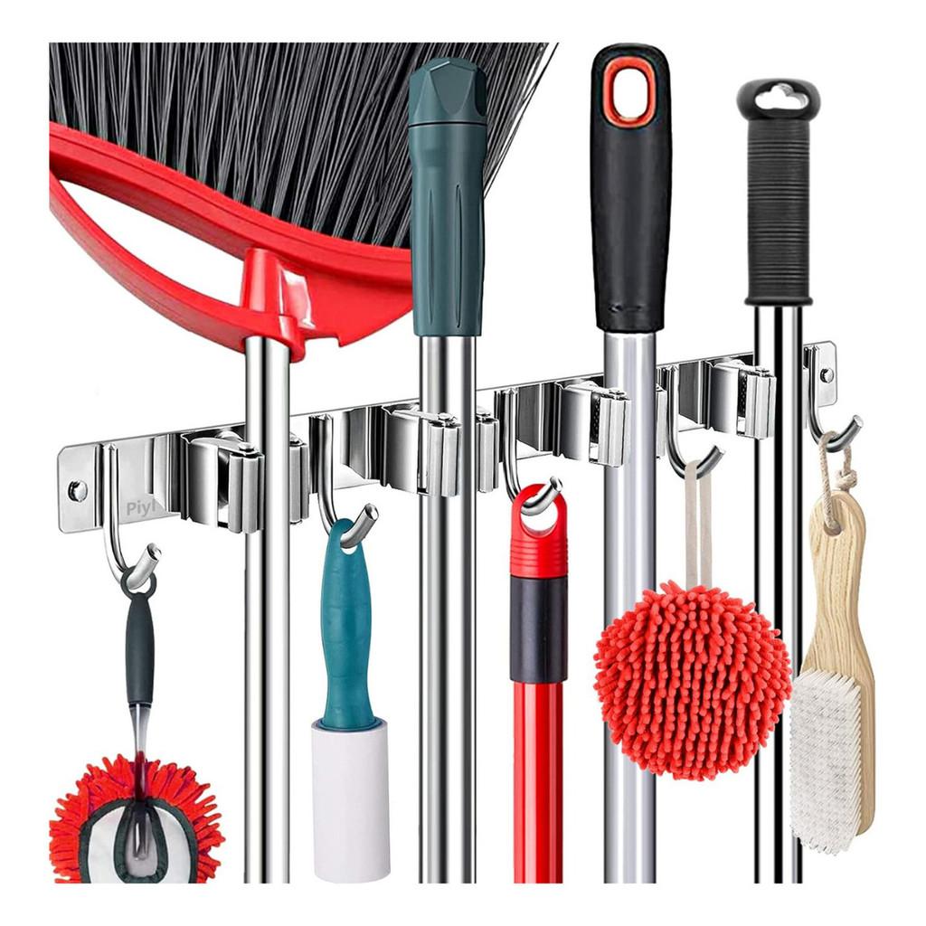 Suporte Vassoura Utensilios Ferramentas Inox 9 Acessórios Grande Porta Vassoureiro Prateado