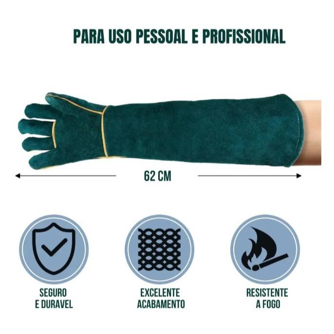 Par Luvas Antimordida Manga Longa Petshop Couro + PU Proteção Cotovelo Cachorro Gato Aves Verde