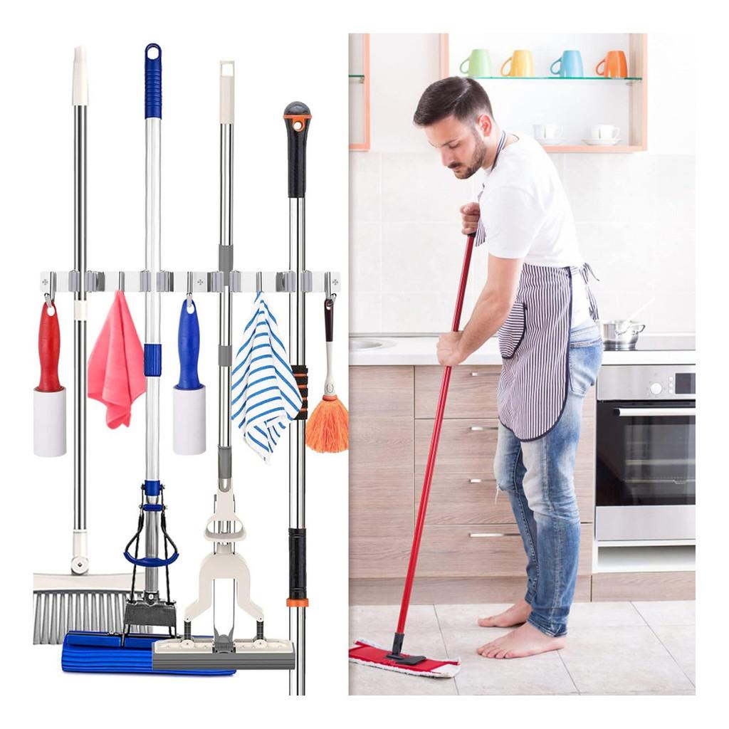 Suporte Vassoura Utensilios Ferramentas Inox 9 Acessórios Grande Porta Vassoureiro Prateado