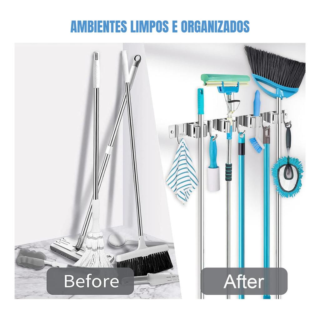 Suporte Vassoura Utensilios Ferramentas Inox 9 Acessórios Grande Porta Vassoureiro Prateado