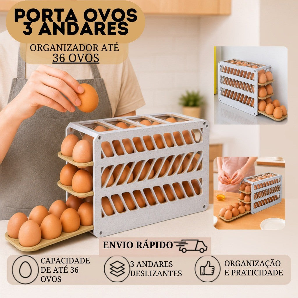 Porta Ovos 3 Andares Rolante em Plástico para Geladeira Deslizante Organizador Armazena 36 Ovos