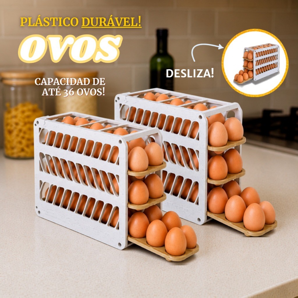 Porta Ovos 3 Andares Rolante em Plástico para Geladeira Deslizante Organizador Armazena 36 Ovos
